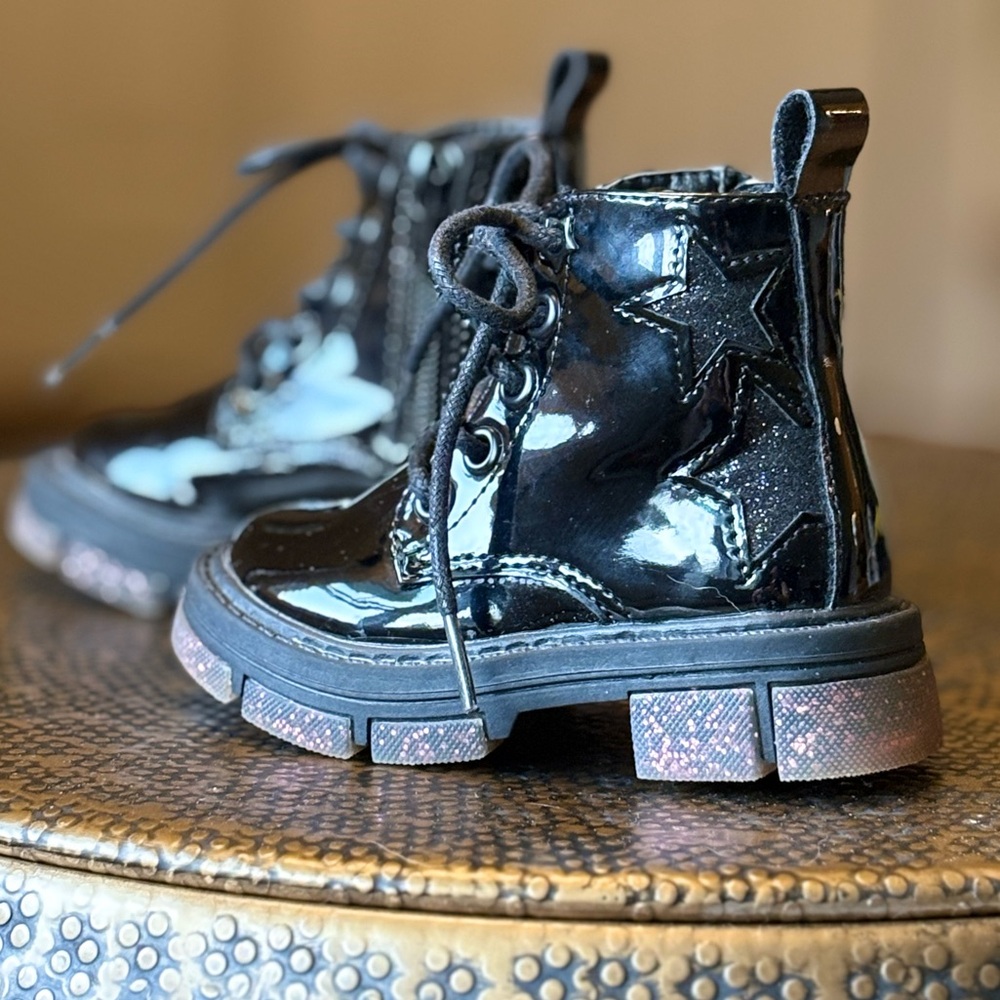Primark Black Combat Boots High-Gloss with Stars Lace-Up